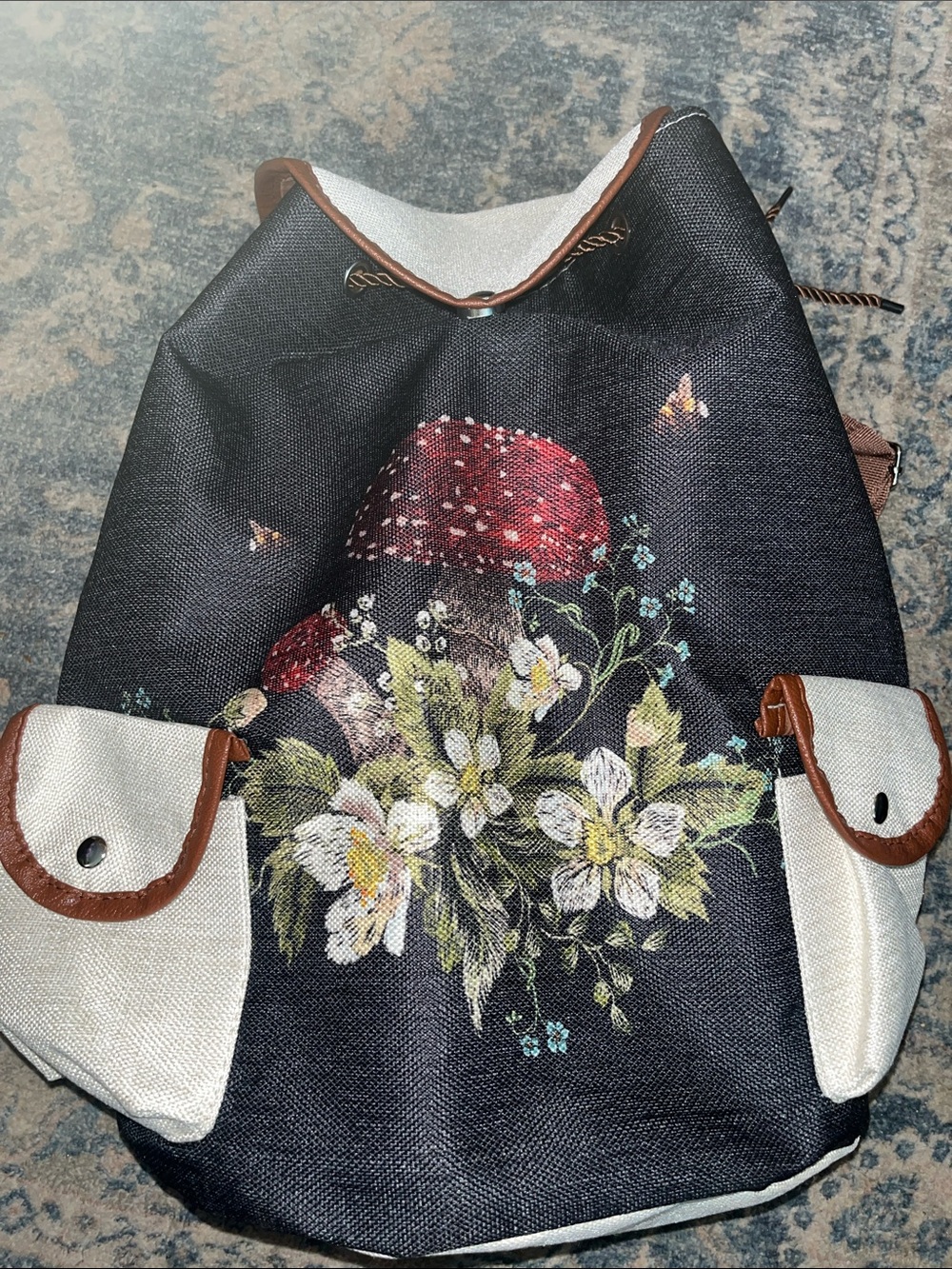 Black Floral Canvas Backpack with Brown Trim New